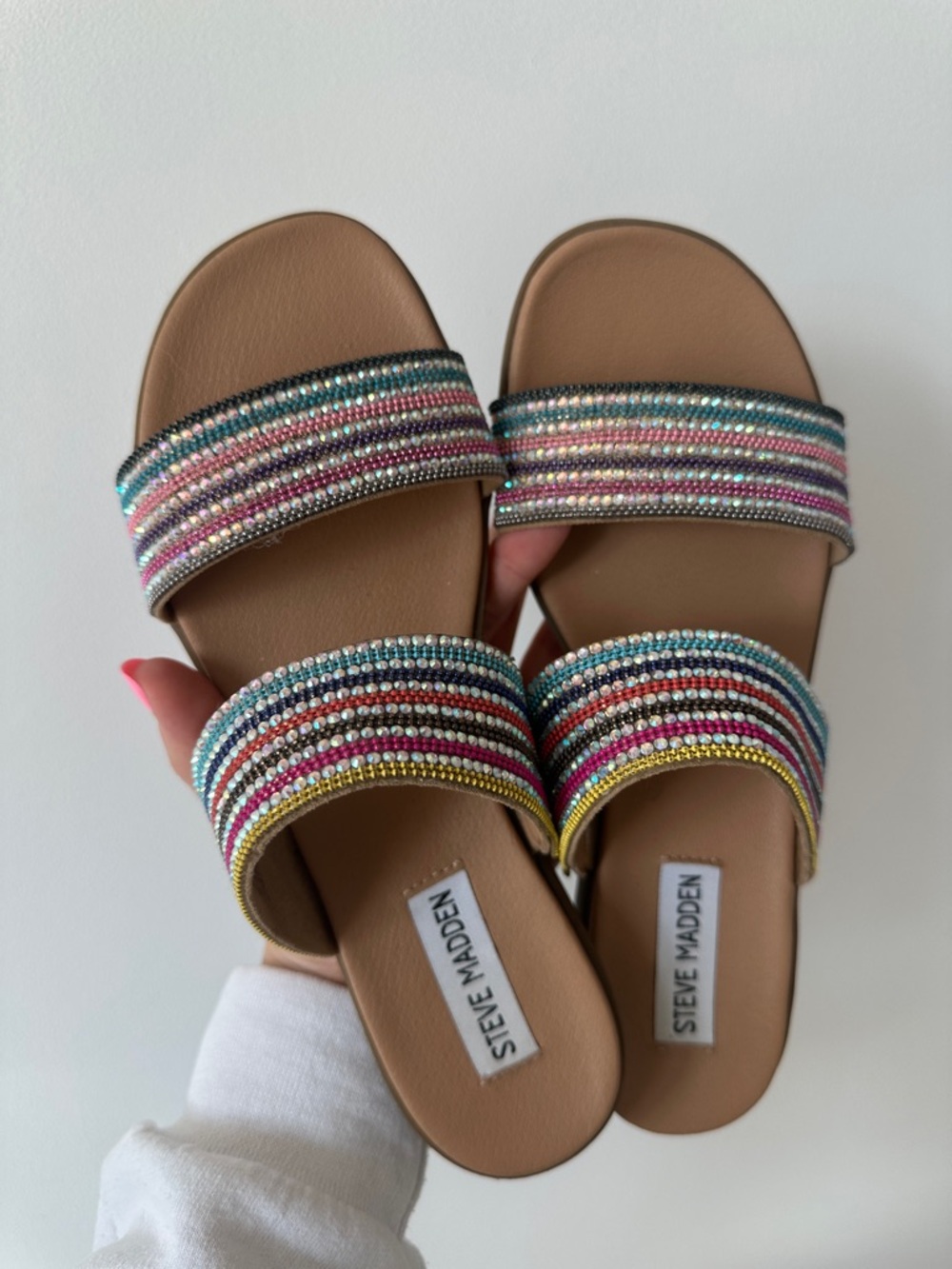Steve Madden Embellished Multicolor Beaded Slide Sandals - Tan